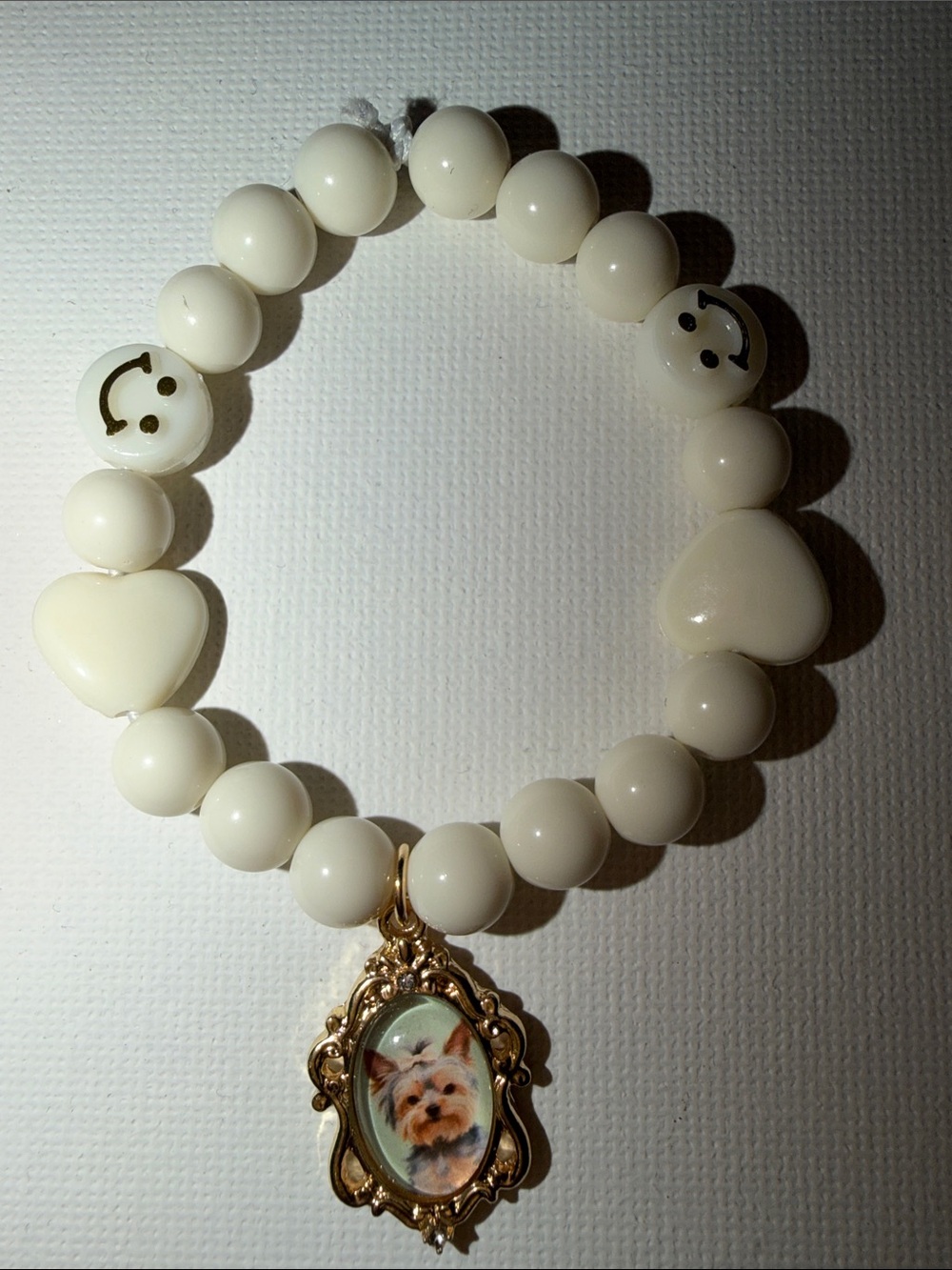 White Beaded Heart & Smile Charm Bracelet with Gold Yorkie dog Pendant